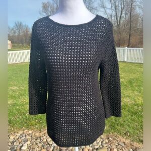 Lauren Ralph Lauren Black Handknit Crochet Open Weave 3/4 Sleeve Sweater P S